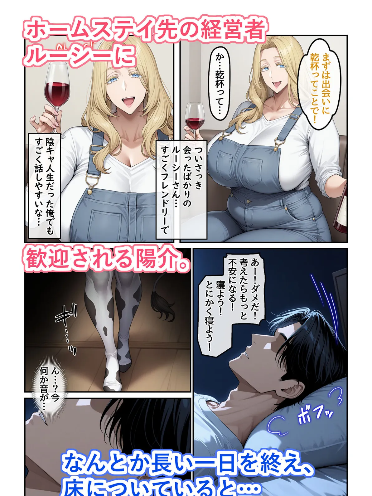 ホームステイ先の爆乳ブロンド美女に雌牛コスで誘惑されてイチャラブ種付け生活1 モザイク版 4ページ